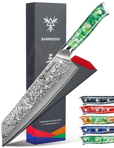 SANMUZUO Cuchillo de Kiritsuke Profesional, 22cm - serie Xuan - Cuchillo Cocinero de Cocina de Acero de Damasco con Mango de Resina (Verde Vibrante)