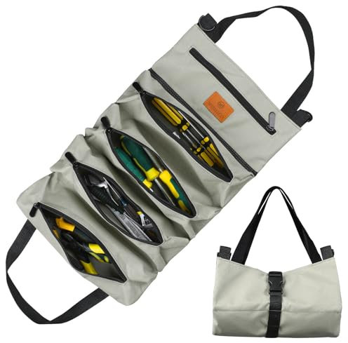Werkzeug Rolltasche, Canvas Schraubenschlüssel Werkzeugtasche, Mehrzweck Rolltasche mit 5 Reißverschlusstaschen, Ideal für Klempner Handwerker und Elektriker (Grau)