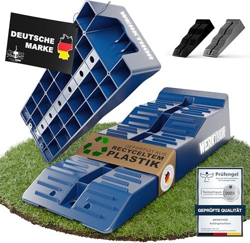 WERKTHOR Cunei per Camper (Blu) - [Set da 2] Cunei stabili per roulotte e camper | Cunei per camper per un livellamento sicuro [<5t] - Design robusto per qualsiasi superficie