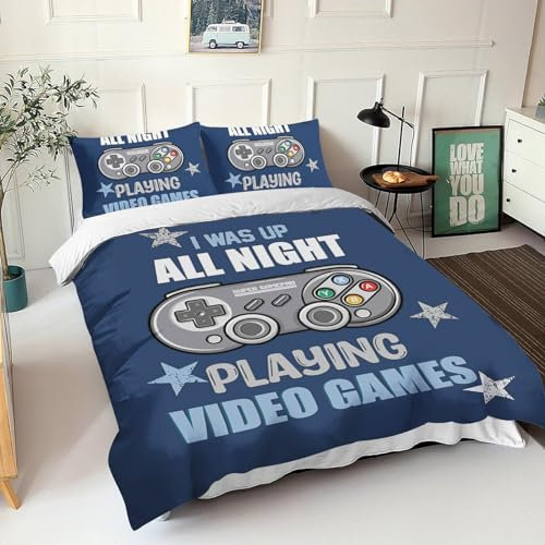HOMHOMHA Gamer Bedding Kids Colourful Double Duvet Cover Set Gaming Bedding Gamepad Bedroom Decor For Teens/Boys Blue Single Bed 200X200cm Quilt Cover and 50x75cm 2*Pillowcase