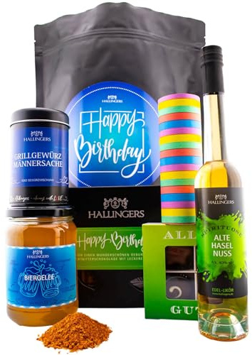 Hallingers Genuss Manufaktur Feinkost Geburtstagsgeschenk-Set - XXL-Wundertüte Happy Birthday ... großer Geburtstagsgruß Biergelée, Pralinen, Haselnusslikör, Schoki & mehr, Geschenke für Männer