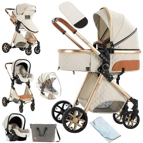 NADDLILY Kinderwagen 3 in 1, Buggy mit Umkehrbarem Zwei-Wege-Schub, Kombikinderwagen mit Faltbarem Tragbarem One-Click-Design, Kinderwagen 3 in 1 Komplettset mit Zubehör (V9 Creamy White)