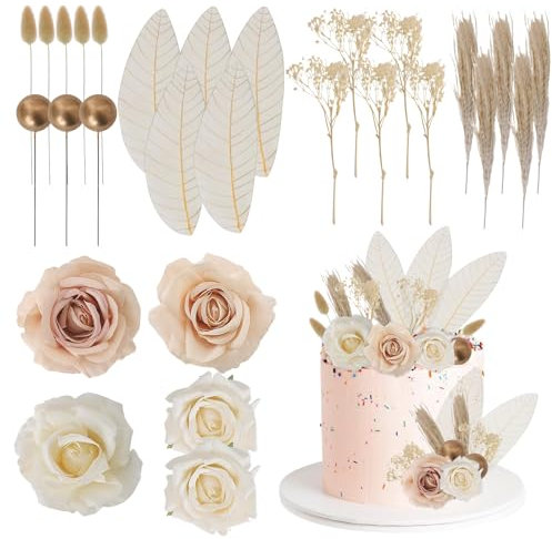 PT Haahoos 28 Pcs Boho Cake Decorations, Dried Flower Leaves Balls Cake Topper, Rose Gold Cake Decoration Toppers for Wedding Birthday Bridal Shower Party Cake Decor