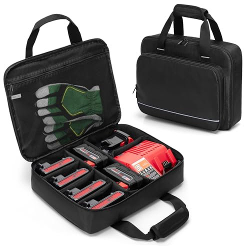 Rexmica Tool Battery Carrying Case Compatible with Dewalt 12V 18V 20V 60V Max Battery and Charger, Battery Storage Bag with Accessory Pocket for 12V 18V 20V 60V 2.0/3.0/4.0/5.0/6.0/9.0-Ah Batteries