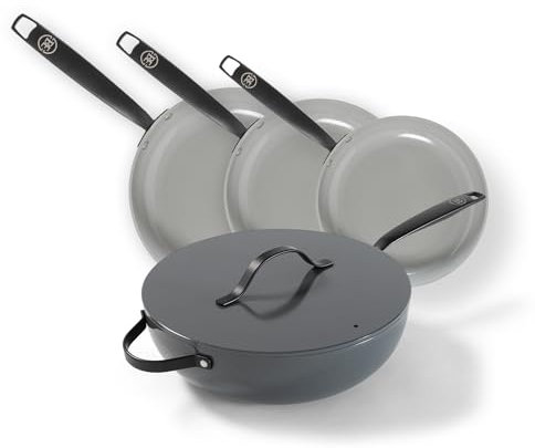 Be Living Essential Pfannenset 4-teilig, Bratpfanne 20/24/28 cm + Wokpfanne 28 cm mit Deckel, Non Stick Keramik Antihaft, Induktion, Ohne ptfe und pfoa, Grau