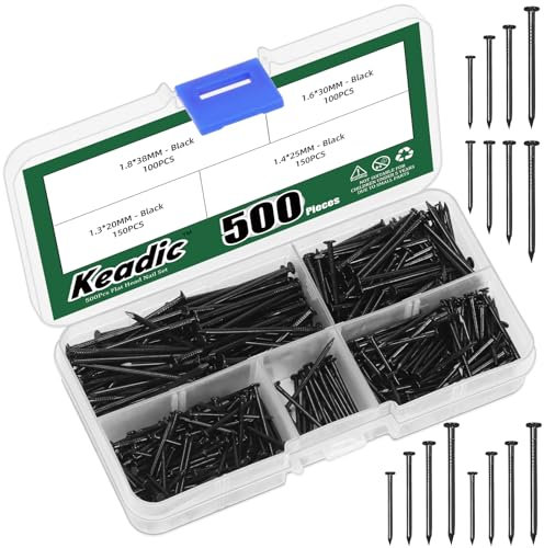 Keadic 500 Pcs Nail Assortment Kit, 4 Sizes, Small Nails, Nails for Hanging Pictures, Finishing Nails, Wall Nails for Hanging, Pin Nails, Hardware Nails, Assorted Nails, Galvanized Nails（Black)