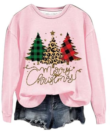 Lässiges Damen-Sweatshirt, Weihnachtsoberteile, Putfit, modisch, lässig, Weihnachtsbaum, bedruckt, Rundhalsausschnitt, Kapuzenpullover, Urlaubssweatshirt, Tops, rose, S
