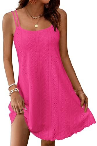 WNEEDU Abiti Estivi Donna Senza Maniche Vestito Leggero con Spalline Sottili Corto al Ginocchio Casual Abito Scollo Rotondo Rosa Rossa M
