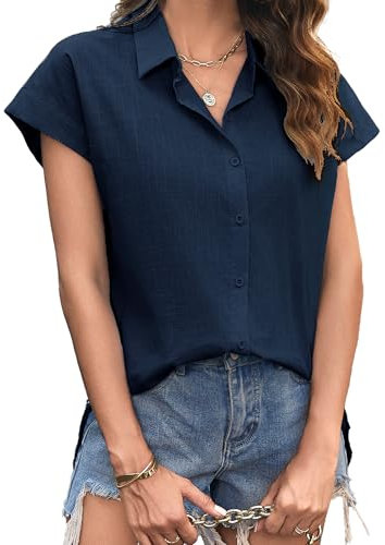 Zeagoo Womens Shirts Short Sleeve Blouses V Neck Button Down Shirt Cotton Shirt Elegant Blouse with Buttons Casual Office Work Tops Plain Shirts Summer T Shirt A-Navy Blue S