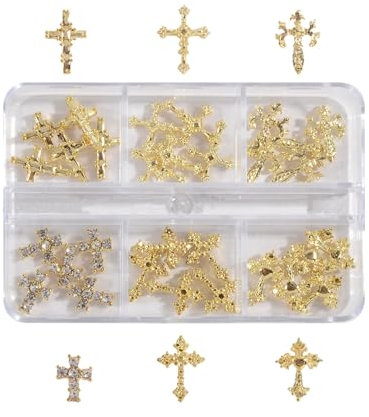 Cross Nail Charms, 60Pcs 3D Nail Charms Gold/Silver Nail Art Crosses Nail Rhinestones and Gems Metal Punk Nail Jewelry Nail Studs for Women Girls Nail Decorations Accessories (Gold)