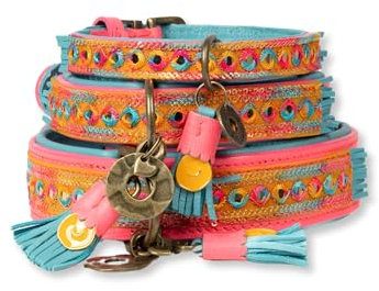 Dog with a Mission - Hundehalsband XXL | Indian Summer | Leder Rosa, blau, gelb | Hübsch, Boho, Hippie | Extra große Hunde | Handgemacht | Modisch und Bunt | Aus weichem Leder | Luxe | 4 cm Breit