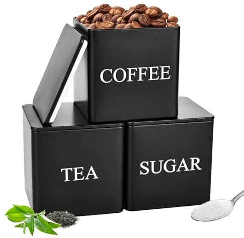 smtfcty Tea Coffee Sugar Canisters 500ML 3 Pack Storage Canister Set, Metal Canister Storages Jar Container Set With Airtight Lid, Decorative Storage Tins for Home Kitchen (Black)