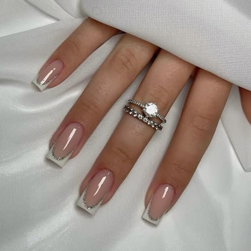 French Tip False Nails - 24pcs Coffin Press on Nails - 12 Sizes Stick on Nails with Glitter Edge - Full Cover Medium Length Acrylic nails with Nail File & Nail Sticky Tabs