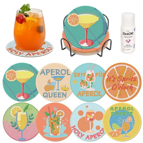 8 Stück Diamond Painting Untersetzer Aperol Spritz Geschenke Frau Cocktail Diamant Painting Untersetzer mit Korkmatte Halter Cocktail Diamond Painting Versiegelung Zubehör