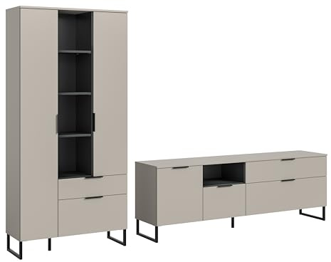 xonox.home – Wohnkombination Noida 290x192x41 cm in Kaschmir Nachbildung und Schwarz – Stilvolles Wohnwand-Set für Moderne Wohnzimmer – geräumig, elegant & funktional