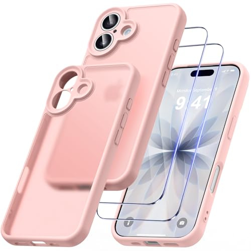 Qasyfanc Mate Funda Compatible con iPhone 17, Carcasa con Protección de La Cámara y 2 Protector Pantalla, Translúcida Protección Militar Funda PC Anti-Arañazos Caso, Rosa