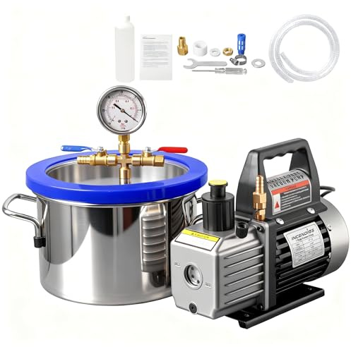 5.7L Vacuum Chamber Kit with 3 CFM Single Stage Vacuum Pump | Acrylic Crystal Lid, Includes Vacuum Oil, for Silicone Resin Degassing, Epoxy Resin, Not for Wood Stabilizing