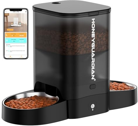Distributeur Croquettes 2 Chat Automatique 5G/2.4G WiFi, Distributeur Croquettes Chat/Chien, Gamelle Chats Automatique Double 2 Bols avec APP, Alerte à la Pénurie Alimentaire, D'Enregistrement 10s