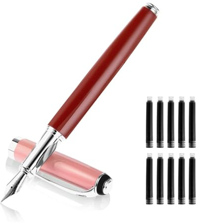Yolkify Metal Fountain Pen with 10 Black Ink Sacs, 0.5mm Fine Nib Fountain Pens, Smooth Writing Luxury Calligraphy Pen for Office School Business Supplies (Red)