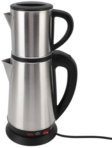 Asixxsix Théière électrique Turque, Théière 1 L et Bouilloire 2 L en Acier Inoxydable avec Infuseur Amovible pour Préparer du thé Noir, Tisane, thé Turc Traditionnel (Prise UE (220-240V) 220V)