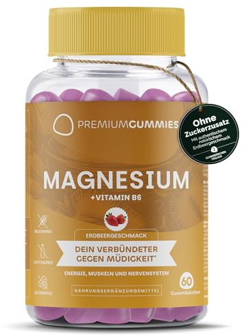 Magnesiumcitrat 90 mg mit Vitamin B6 – Fruchtgummis Erdbeere – Für Energie, Muskeln & Nerven – Zuckerfrei, Vegan, Glutenfrei & Gentechnikfrei – 60 Gummies für 30 Tage
