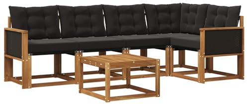 vidaXL Outdoor-Sofagarnitur mit Kissen 6 pcs Natürlich und Schwarz, Akazien Outdoor Sofa Set, modische Möbel für Terrasse, wetterfester Couch, entspannende Sitzgruppe im Garten