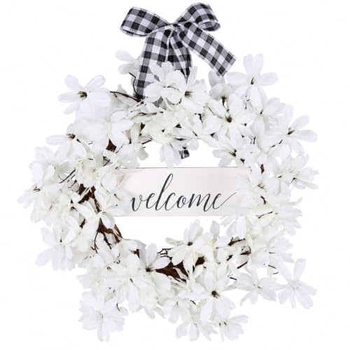 45cm Door Wreath for Front Door, White Floral Summer Wreath, Welcome Sign | White floral door wreath · Welcome sign · Checked bow · 45 × 38 cm · Front door, porch, wall & window decor
