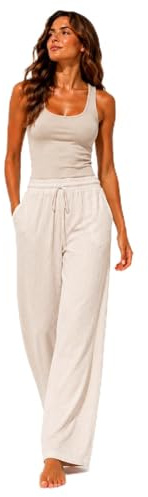 Van Der Rich ® - Pantalon Large Texturé avec 2 Poches Pantalon Fluide Taille Élastique avec Cordon - Femme (Beige)