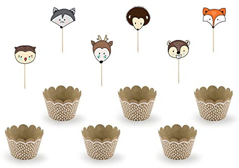 PartyDeco Muffin Förmchen 5x7,5x5cm & Cake Topper 7-10cm Woodland bunt 6er Set, 12-teilig - Waldtiere Muffin Set - Cupcake Topper und Backförmchen für Kindergeburtstag Tierparty