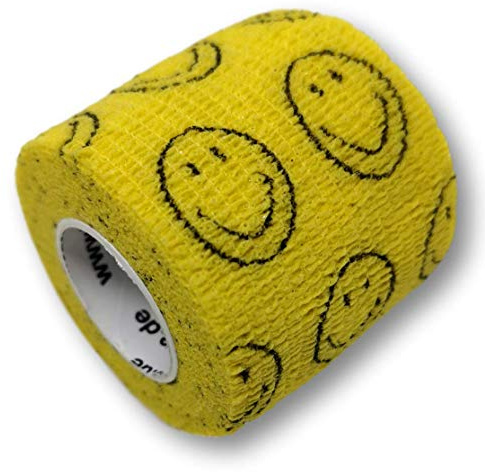 LisaCare Kinderpflaster Großpackung - 12 Rollen 5cm breit | selbsthaftend, elastisch für Kinder - Riesige Farb- & Motivauswahl - Bandagen zum Trösten (Smiley gelb) - Kohäsive Bandage