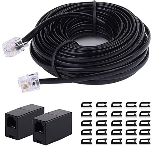 SHONCO Phone Extension Cord 25 Ft,Phone Line Coupler, RJ11 6P4C Telephone Cable Line Wire and 2 Pack Inline Couplers,25 Pack Cable Clamp Holders,Black