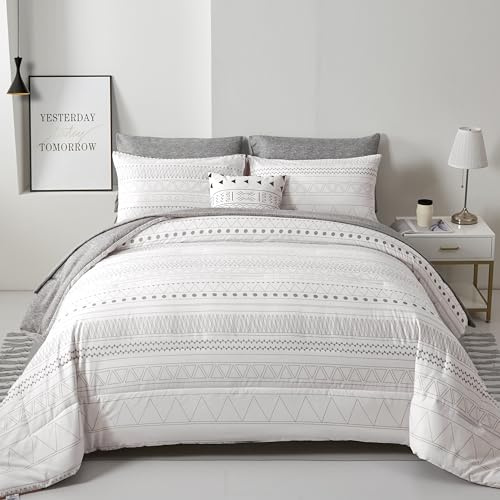 WONGS BEDDING Boho-Bettwäsche-Set für King-Size-Bett, 7-teilig, grau-weiß, geometrisches Bohemian-Bett-Set in Einer Tasche, komplettes gestreiftes Bettwäsche-Set für alle Jahreszeiten, mit Bettlaken,