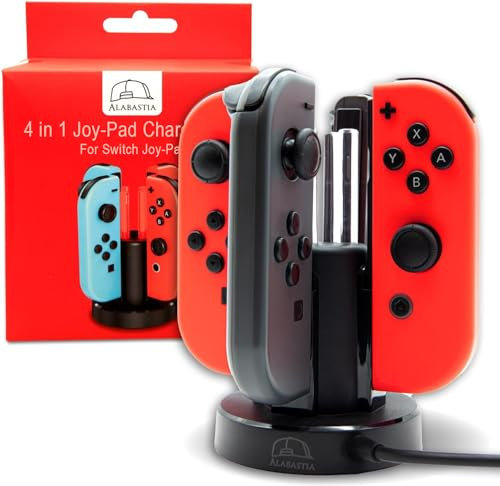 Alabastia 4-in-1 Ladegerät für Nintendo Switch und Switch OLED Controller | Stylischer Joy Pad Ladeständer in Schwarz | LED Ladeanzeige und Überladungsschutz | + Typ-C USB-Kabel und stabilem Standfuß