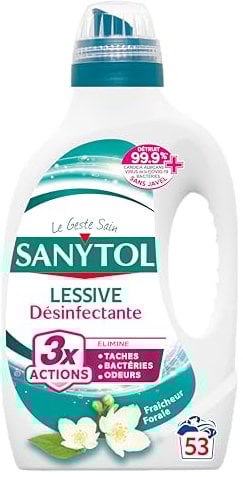 Sanytol - Lessive Désinfectante - Fleurs Blanches - 2,65 L - Tout Type de Linge, Préserve Fibres et Couleurs à Toutes Températures - Bactéricide, Virucide - Sans Javel