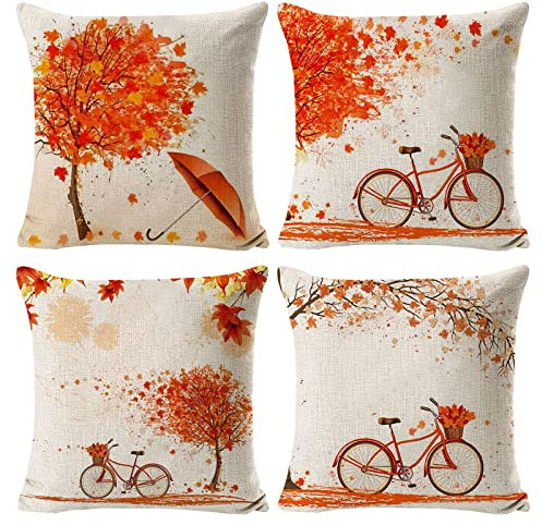 4 Stück Kissenbezug 45x45 cm - Herbst Ahornblatt Dekokissen aus Leinen für Erntedankfest - Kissenhülle für Sofa, Couch, Bett, Home Decor