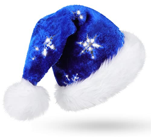 CITÉTOILE Blau Weihnachtsmütze für Erwachsene, Deluxe Velours Nikolausmütze mit Soft Liner, Plüschkrempe Weihnachtsmann Santa Nikolaus Mütze mit Golden Pailletten Schneeflocke für Männer Frauen