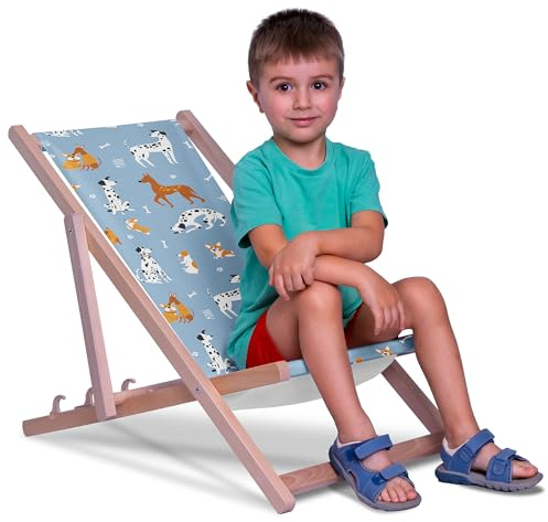 DreamRoots Kinder Liegestuhl Holz Gr. S, Blue Cartoon Dogs | Klappbarer Campingstuhl faltbar, für Garten & Strand, bis 130 kg, waschbarer Bezug, 100% Polyester, UV-beständig, Kinderliege
