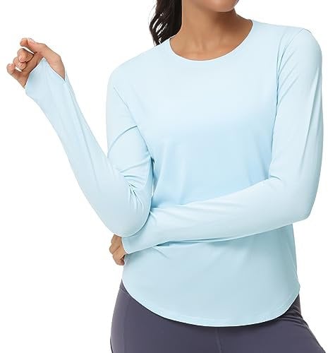 THE GYM PEOPLE Women's Long Sleeve Workout Shirts Athletic Crewneck Hiking Tops with Thumb Hole Light Blue