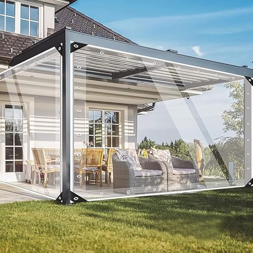 ianyana Heavy Duty PVC Tarpaulin, Waterproof Tarp Sheet, 2 x 5m 420 g/m², Transparent Tarpaulin with Eyelets, Tear-Resistant, for Garden Gazebo Side Panels, Outdoor Furniture Protection, Clear 02
