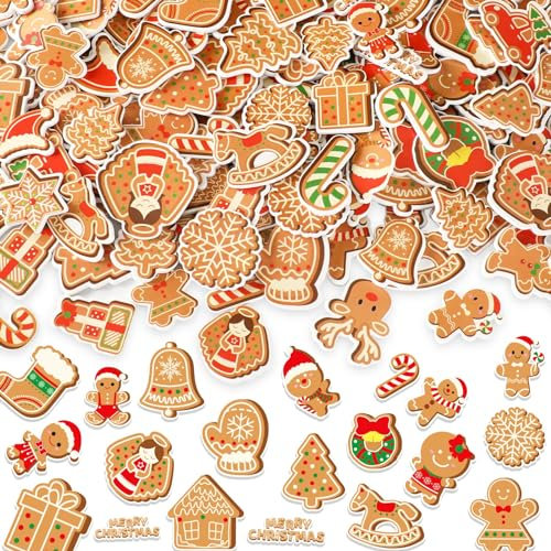 JULBEAR Gingerbread Foam Sticker, 300Pcs Christmas Snowflakes Candy Gingerbread Shapes Self Adhesive Foam Stickers for Kids Christmas Party Favors DIY Crafts Decorations Schools Crafts Projects