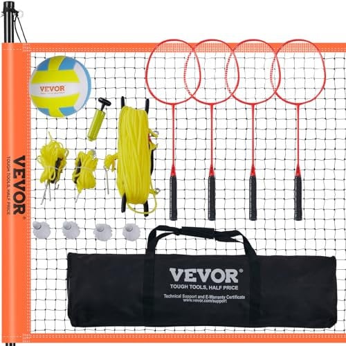 VEVOR Volleyballnetz Höhenverstellbares Badmintonnetz, 91,44 x 970 cm Tragbarer Beachvolleyball-Netz, Orange Volleyballnetz Faltbare Volleyballnetz mit Volleyball & Tragetasche & Badmintonschläger