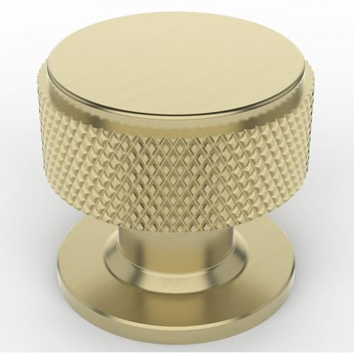 FURNIWARE Pack of 10 Knurled Cabinet Knobs, Brass Cabinet Knobs, Solid Cupboard Handles with 2 Sizes Screws, Gold Round Single Hole for Kitchen, Dresser, Wardrobe, Chest of Drawers, Furniture