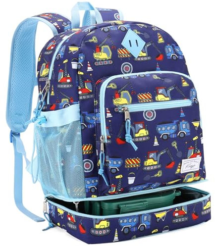 Kasgo Kinderrucksack, Niedlich Wasserabweisend Kinder Rucksack mit Brustgurt Schultasche mit Bodenfach für Jungen Mädchen 8-12 Jahre Marineblaues Auto