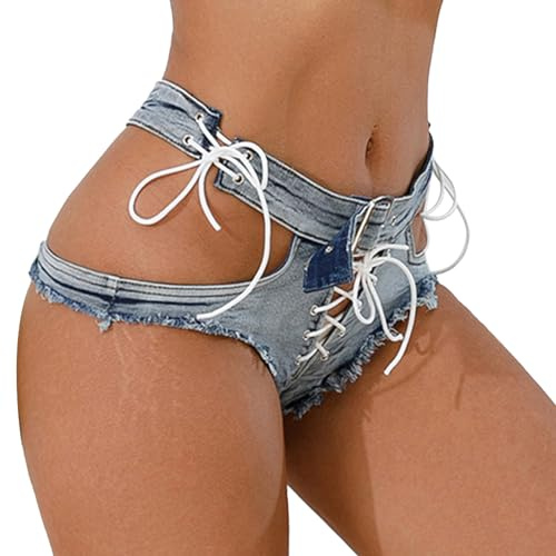 AIEOE Hot Pant Femmes Jeans Short avec Cordon de Serrage Sexy Très Court Femme Été Mini Shorts Taille Basse Hotpants Taille M Bleu E