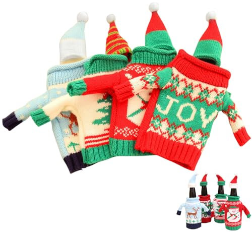 Christmas Wine Bottle Cover 4PCS Knitted Elastic Wine Bottle Sweater with Hat Snowman Elk Xmas Tree Pattern Christmas Bottle Covers for Table Decor Wine Bottle Sweater