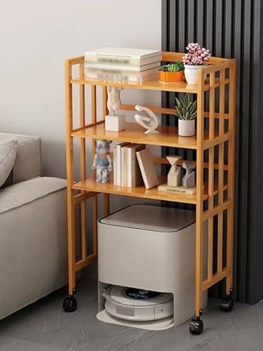 Support pour robot aspirateur laveur Porte Aspirateur Robot En Bois À 3 Niveaux, Accueil Salon Étagère Pour Ornements, Étagère De Rangement Autoportante Avec Roulettes Pour La Cuisine(50x38x123cm/19.6