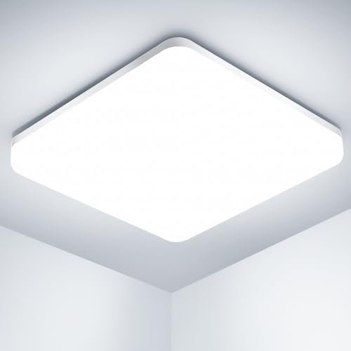 OUILA Led Deckenleuchte, 20W Deckenlampe für Küche Badezimmer Wohnzimmer Keller Flur, IP44 Wasserdicht 2000LM 6500K Kaltes Weiß Beleuchtung Lampen Quadrat 22cm x 22cm