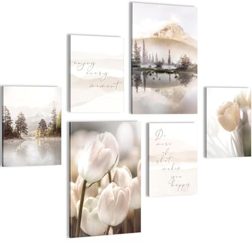 Novart Wandbilder Natur Landschaft - KOMPLETT AUFHÄNGFERTIG - Beige Wohnzimmer Schlafzimmer Flur - 6 Moderne Mood-Bilder - N035867a