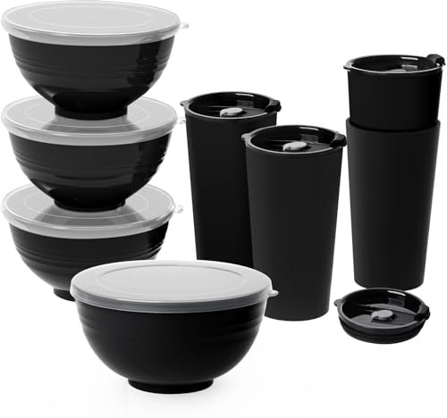 Greentainer Juego de cuencos y tazas grandes irrompibles para cereales con tapas, juego de cuencos y tazas de plástico ligero, 4 – Apto para lavavajillas y microondas, vajilla de camping, servicio