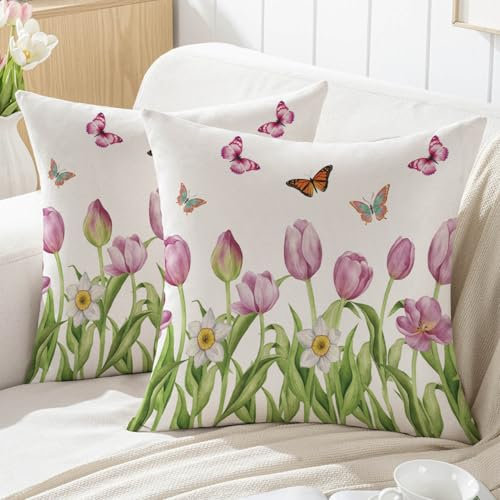 Jayusaror Kissenbezug 45x45 Frühling Tulpe Blumen Blätter Outdoor Sofakissen Landhausstil Kissenhüllen Dekokissen Kissen Couchkissen Kissenbezüge Zierkissenbezug Garten Sofa Deko，2er Set